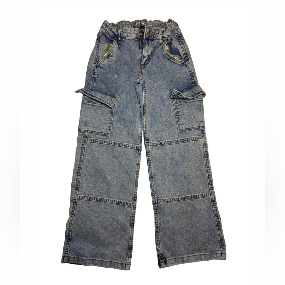 Blue Wide-Leg Cargo Jeans